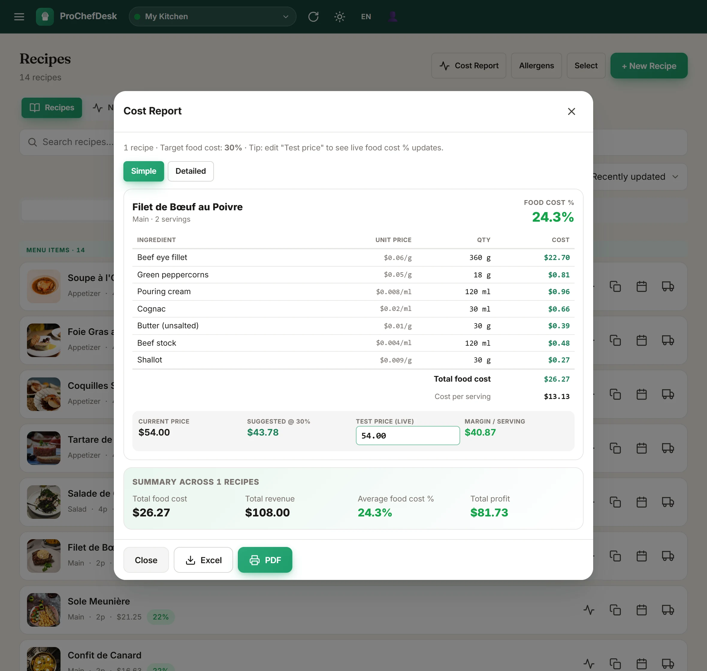 ProChefDesk cost report — ingredient-level food cost, suggested price and margin