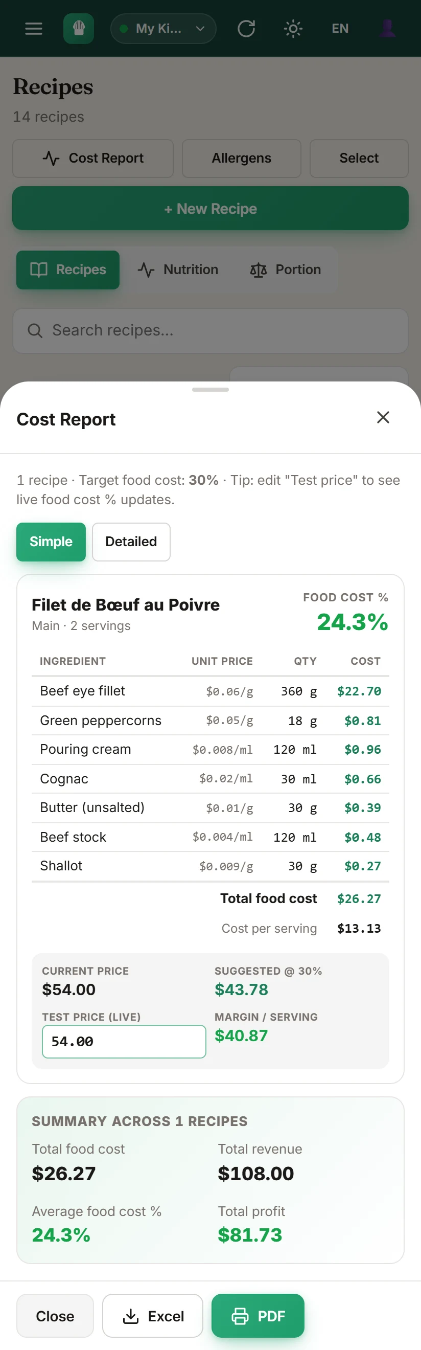 ProChefDesk full cost report on a phone