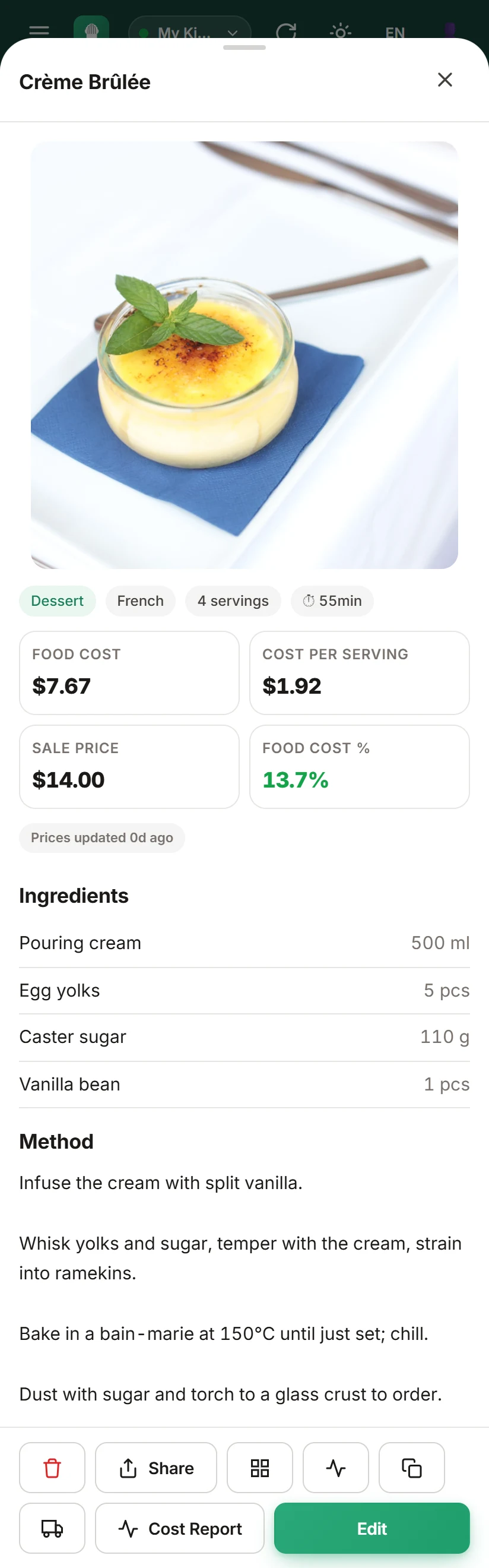 ProChefDesk crème brûlée recipe on a phone — photo, food cost and margin