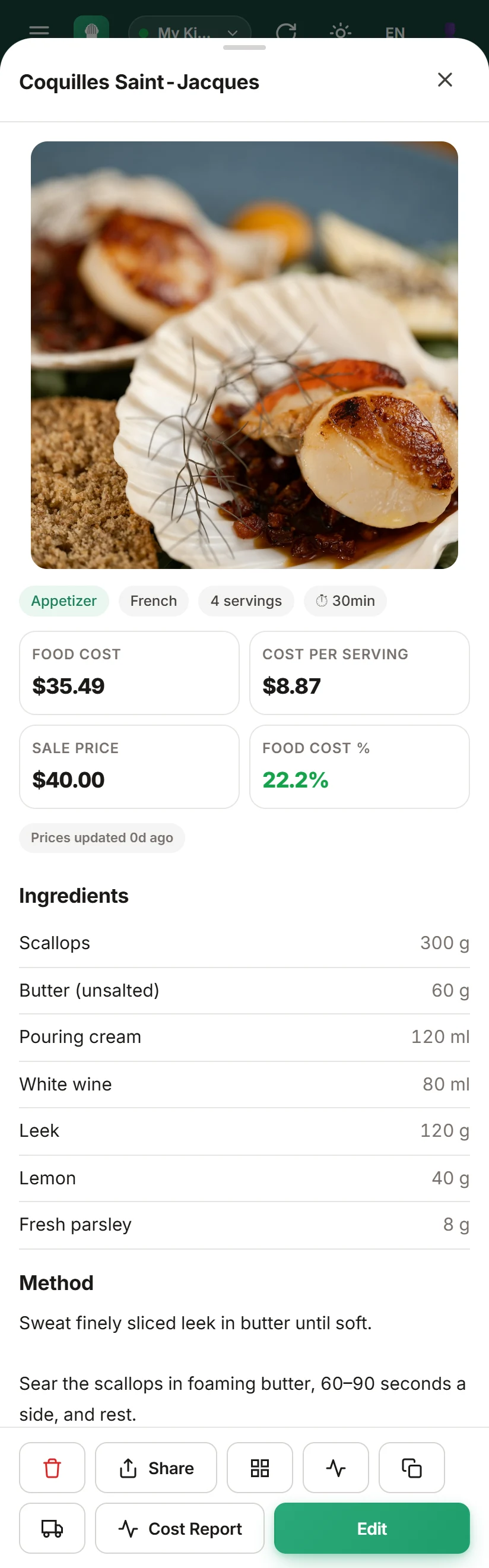 ProChefDesk scallops recipe on a phone — photo, food cost and margin