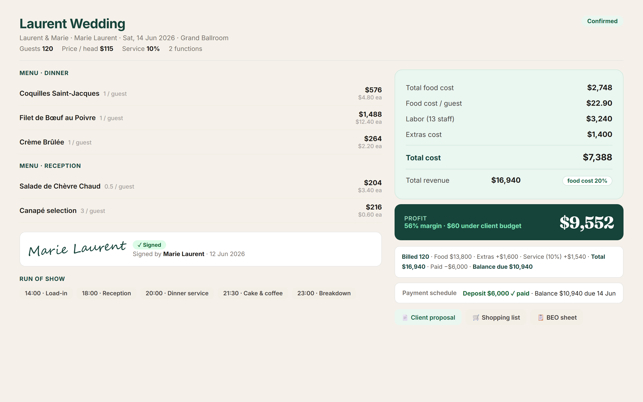 ProChefDesk event detail — total food cost, food cost per guest, profit and event menu