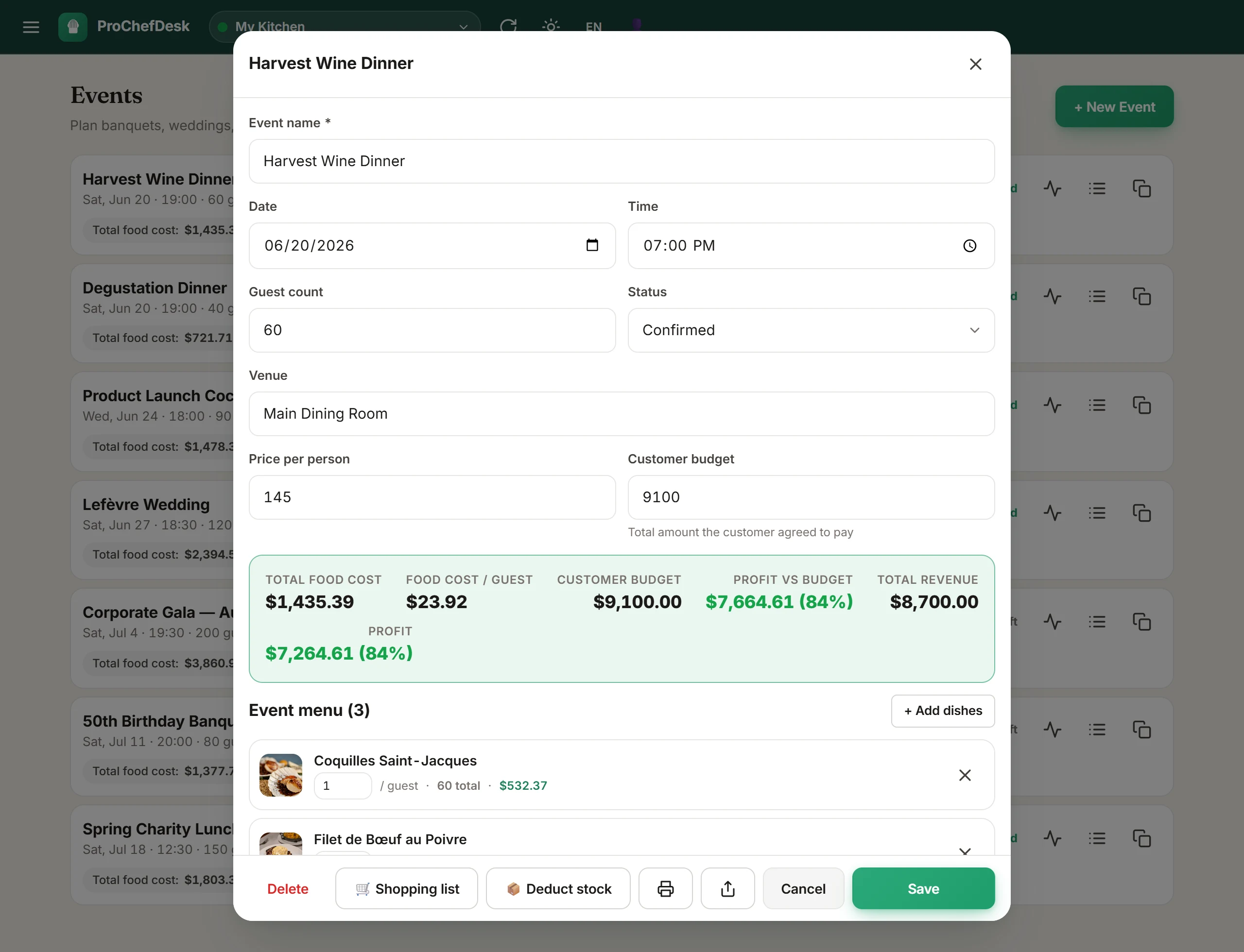 ProChefDesk event detail — total food cost, food cost per guest, profit and event menu