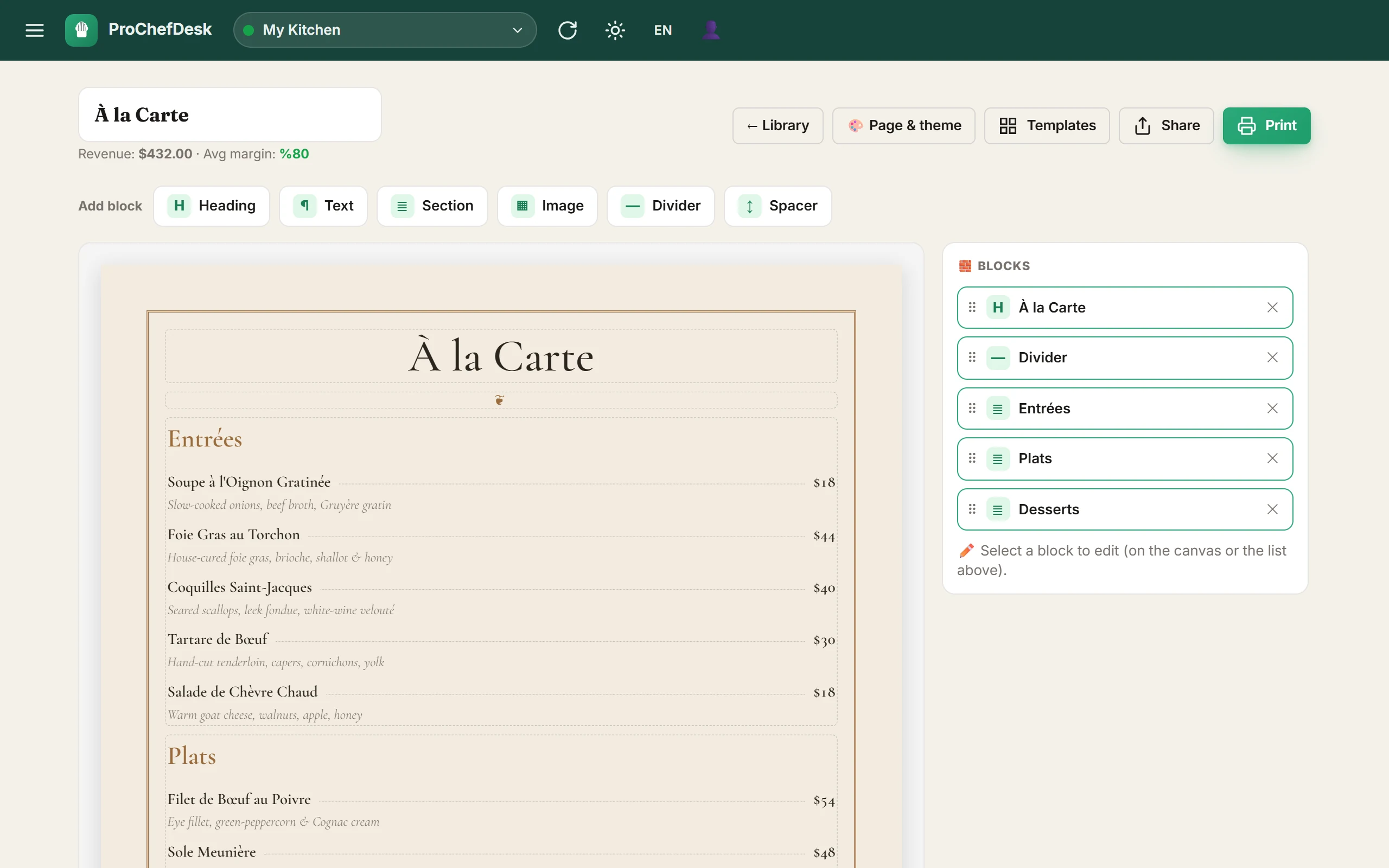 ProChefDesk Menu Studio — sections, dish prices, allergen codes and live margin