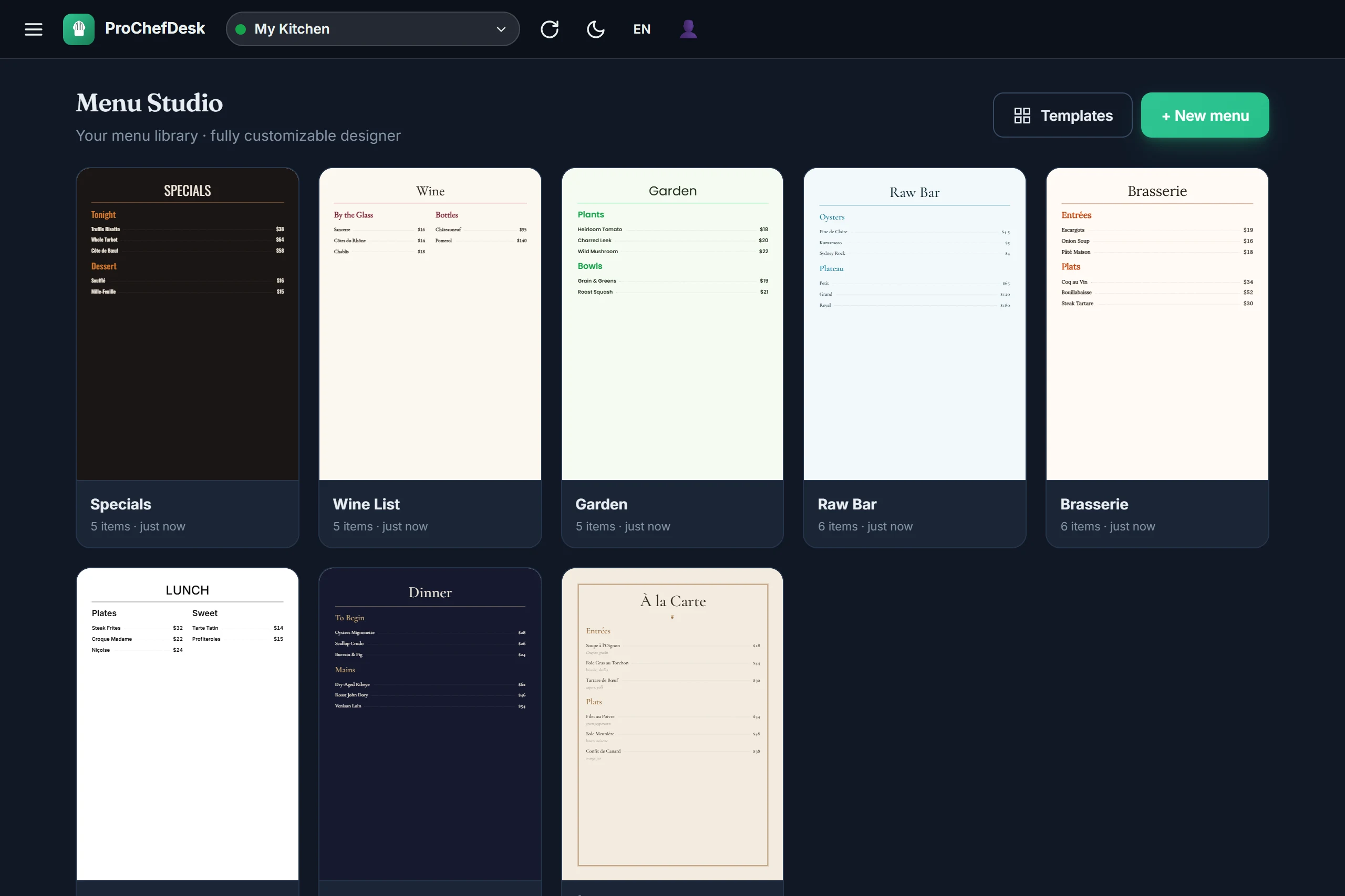 ProChefDesk menu studio in dark mode
