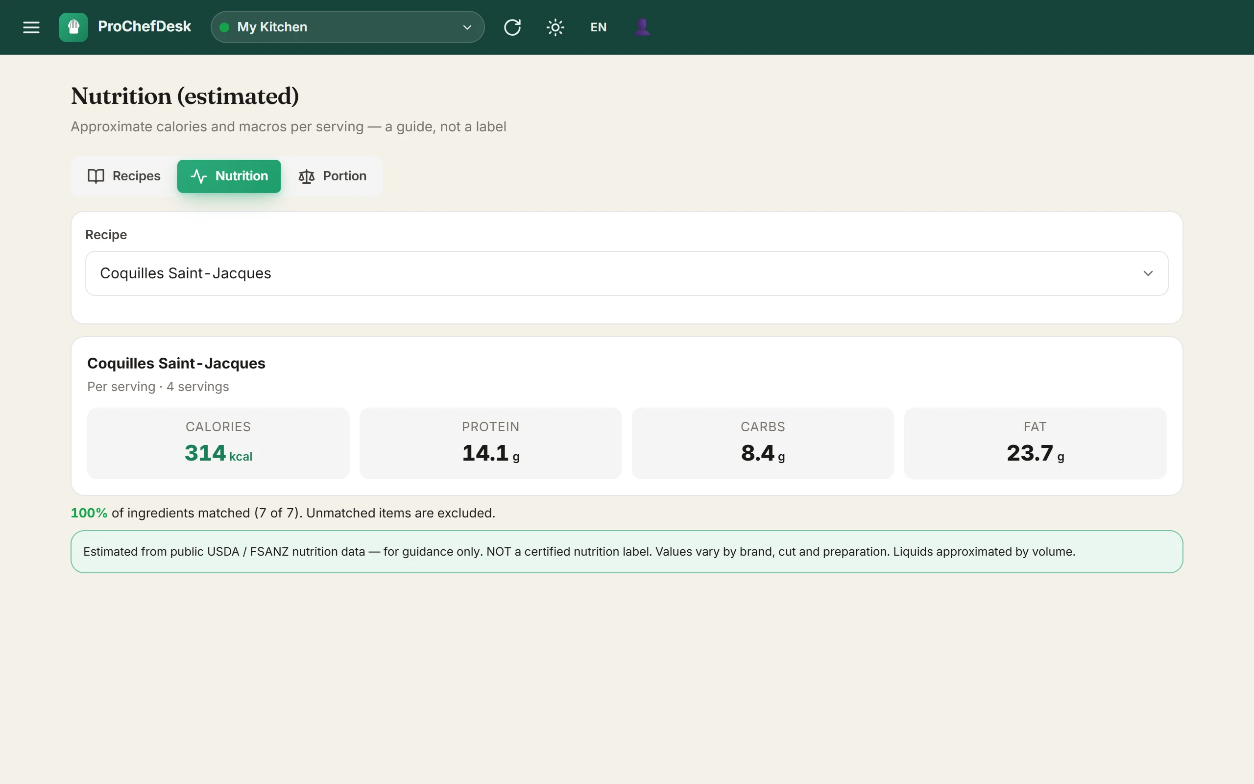 ProChefDesk nutrition estimate — calories, protein, carbs and fat per serving