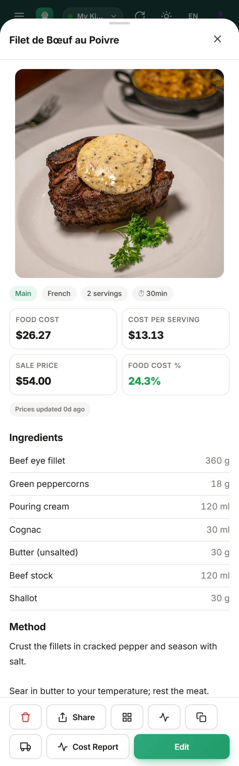 ProChefDesk recipe detail on a phone — dish photo, live food cost and margin