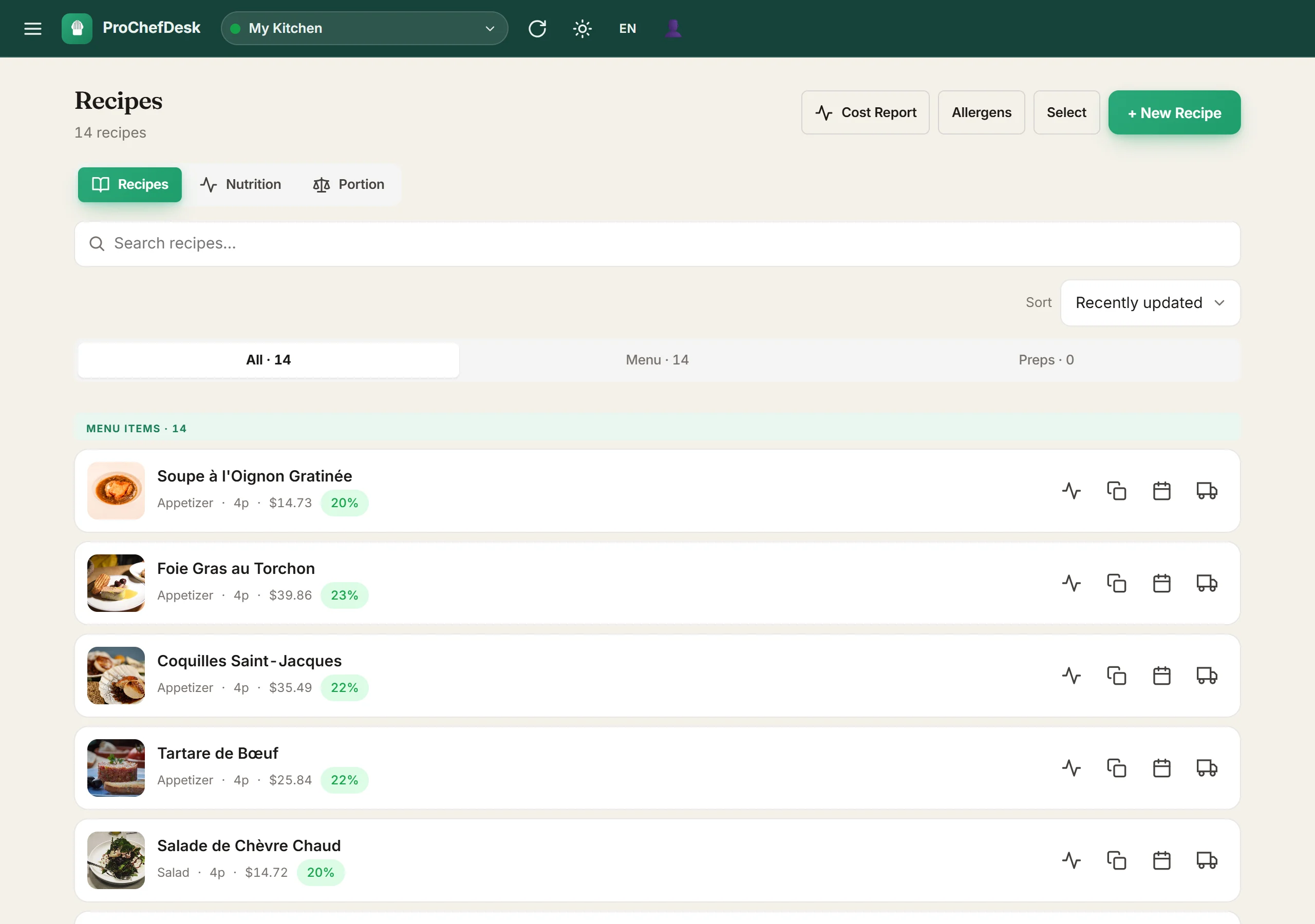 ProChefDesk recipes list showing live food cost percentage on every dish
