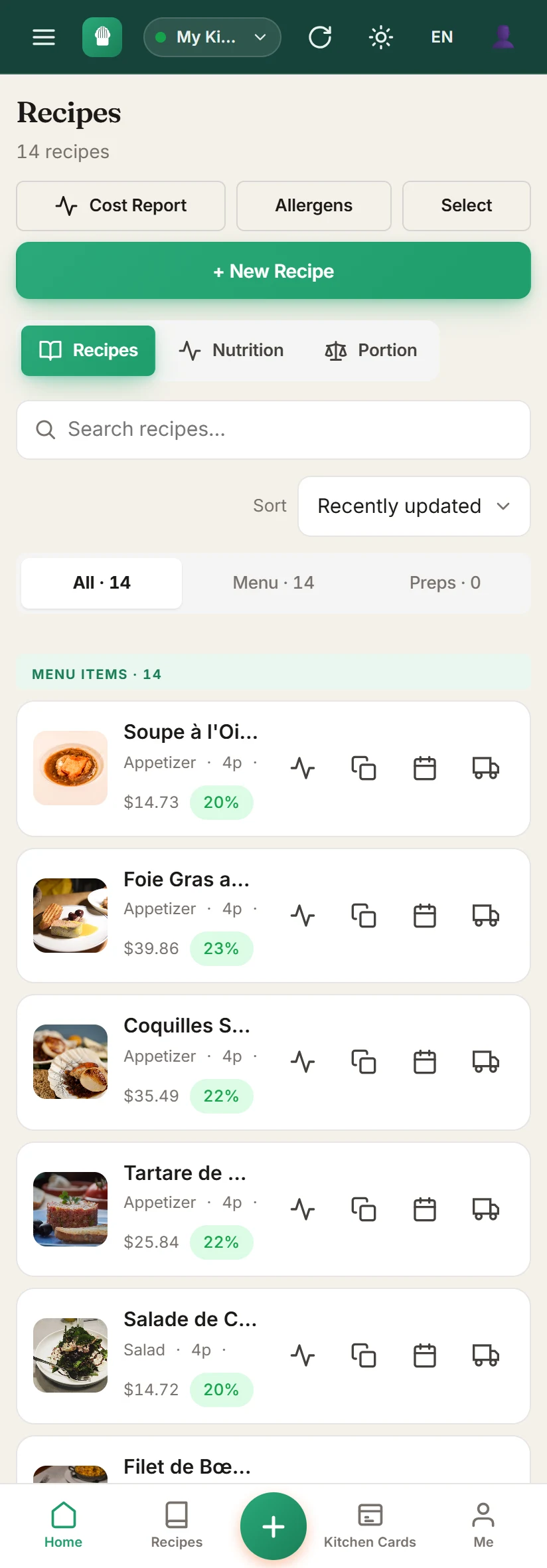ProChefDesk recipes and live food cost on a phone