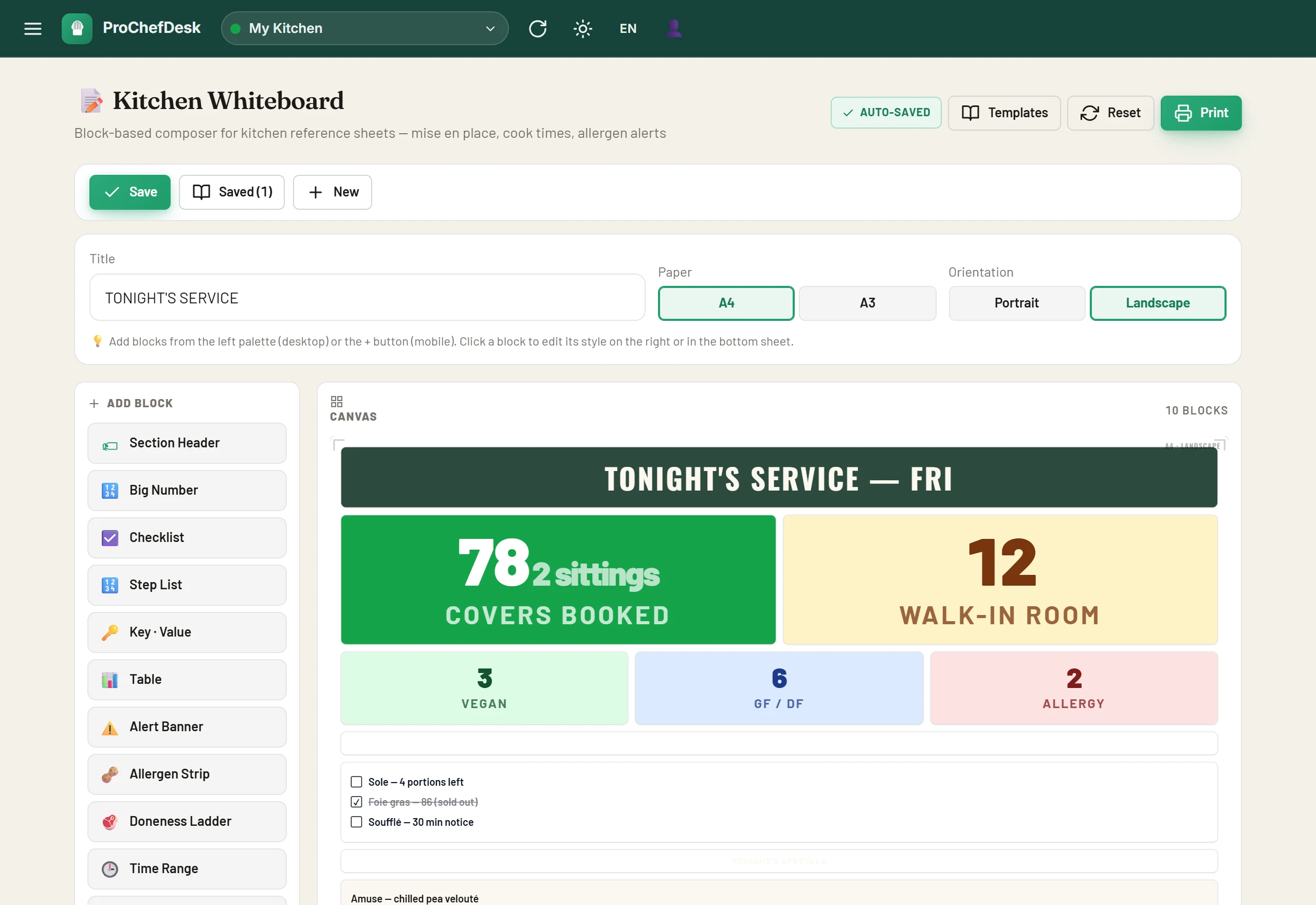 ProChefDesk service whiteboard — covers booked, dietary counts, 86 list and tonight's specials