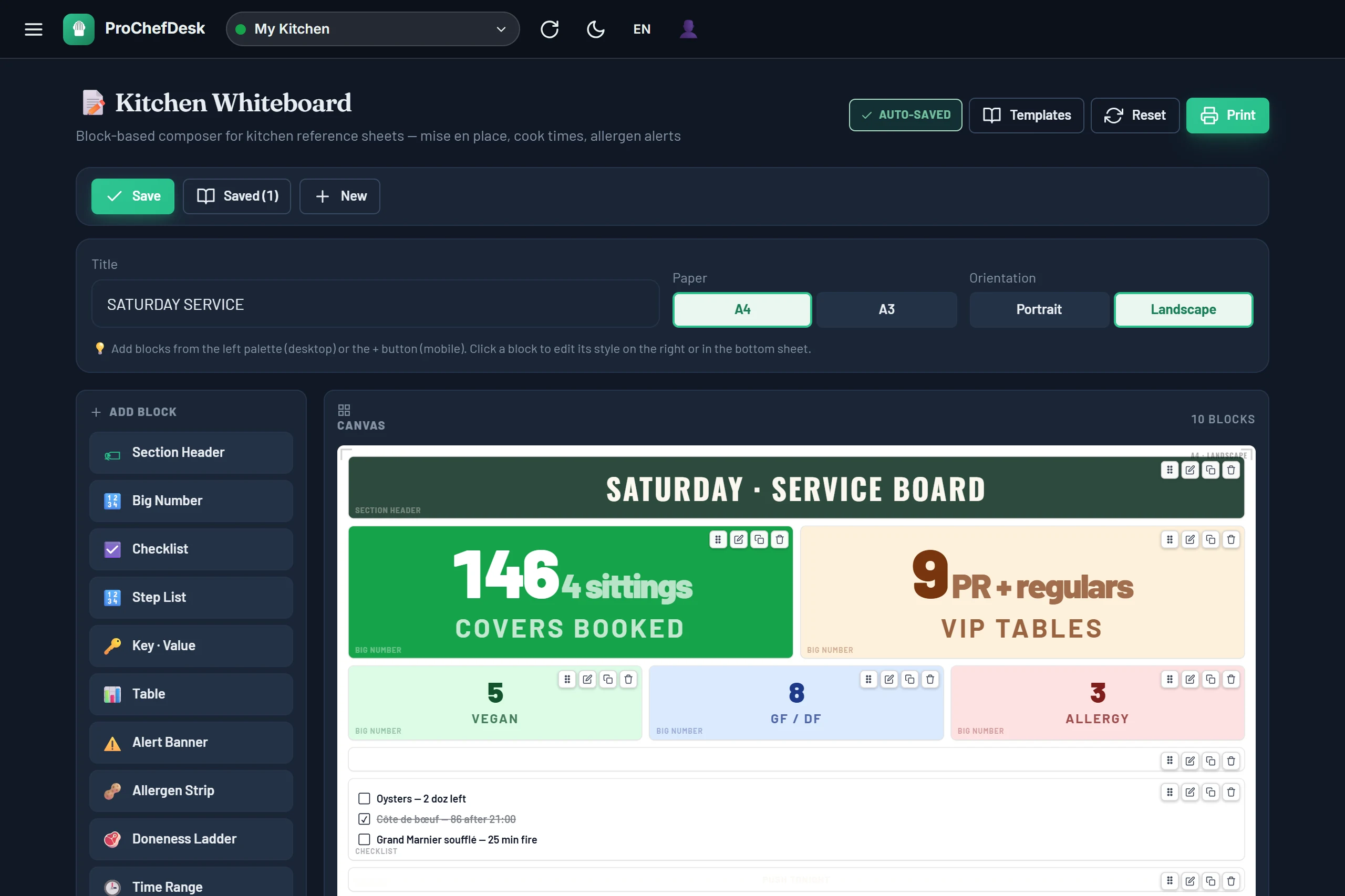 ProChefDesk service whiteboard in dark mode